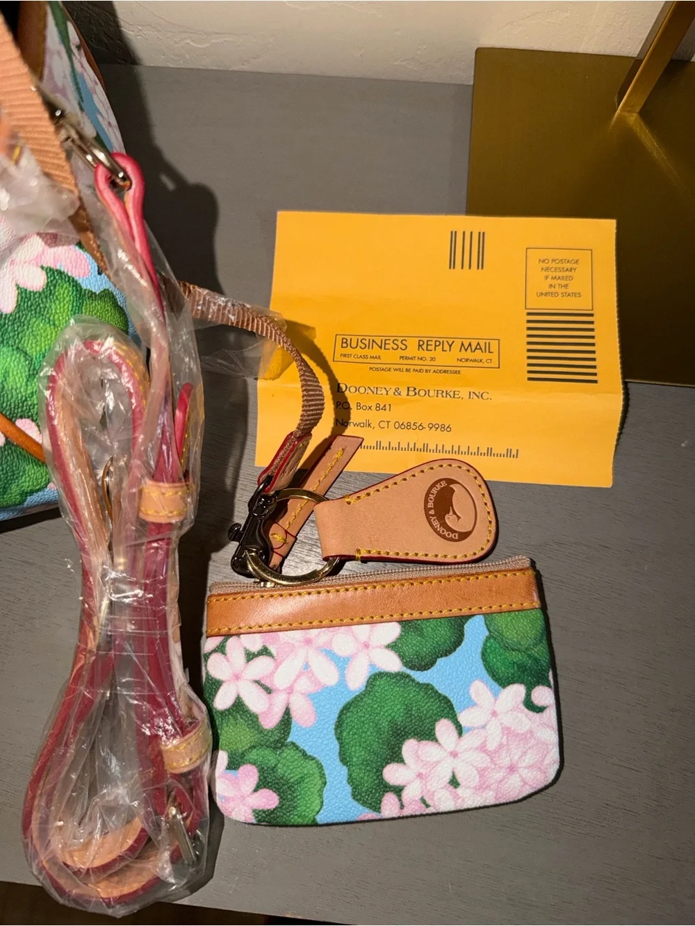 Dooney & Bourke Blue Floral Satchel with Tan Leather Handles